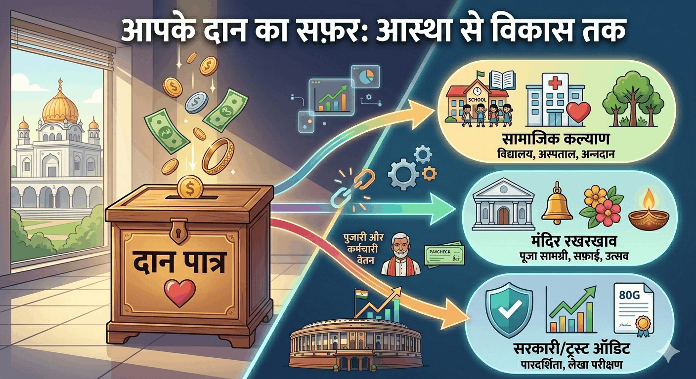 मंदिर के दान पात्र में डाला गया पैसा कहाँ जाता है? जानिए चढ़ावे का पूरा गणित