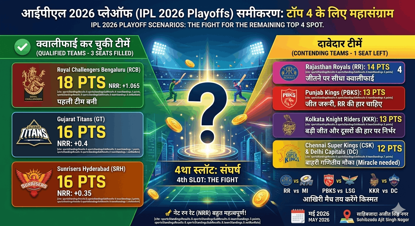 IPL 2026 Playoff Scenarios: 3 टीमें क्वालीफाई, चौथे स्थान के लिए 5 टीमों में जंग! कौन पहुंचेगा टॉप 4 में?