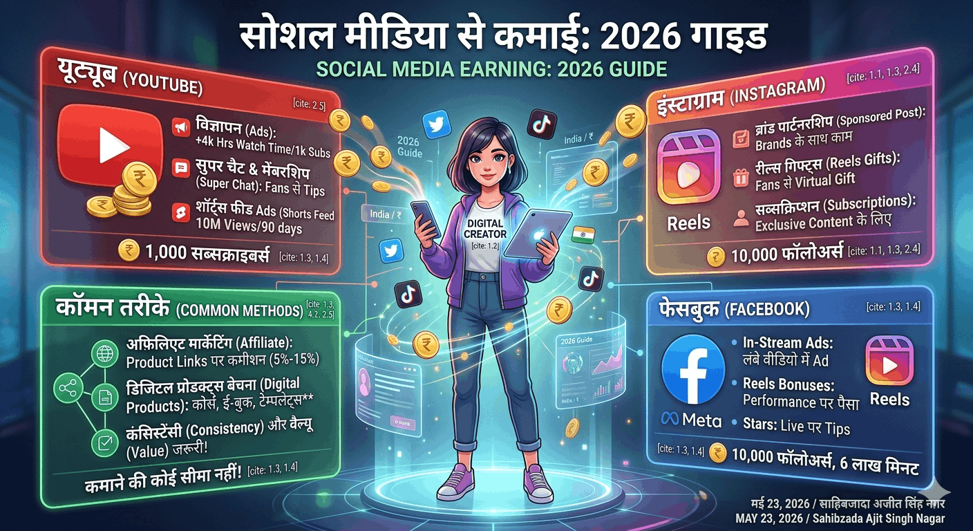सोशल मीडिया से पैसे कैसे कमाएं 2026: YouTube, Instagram और Facebook का पूरा कमाई मॉडल